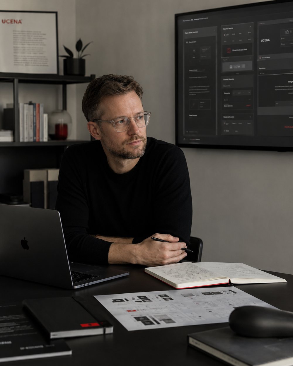 Daniel Reiss reviewing a product interface at his desk
