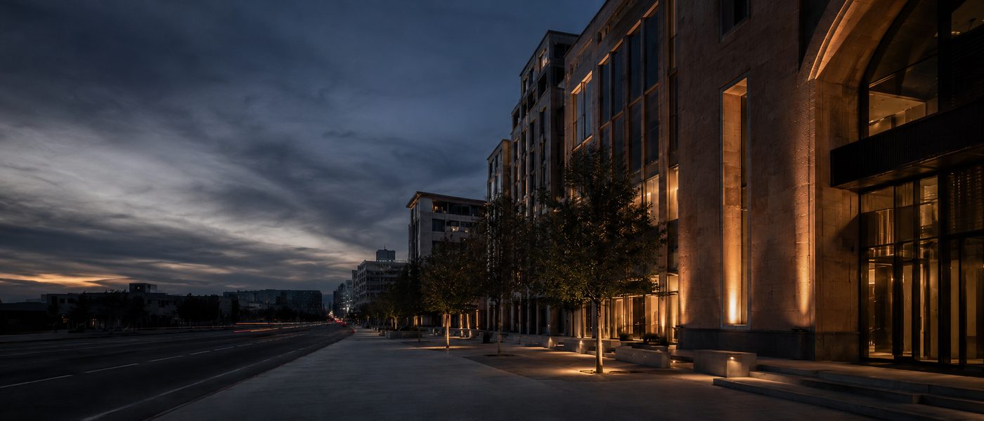 Illuminated stone building at dusk, Yerevan